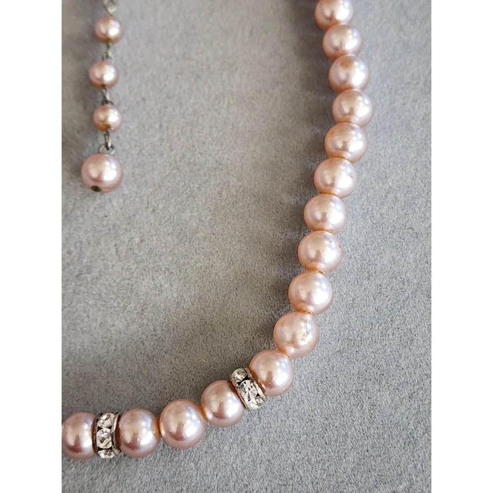 75 Yr Old Japanese Pink Glass Faux Pearl Necklace Crystal Accents FREE $HIPPING!